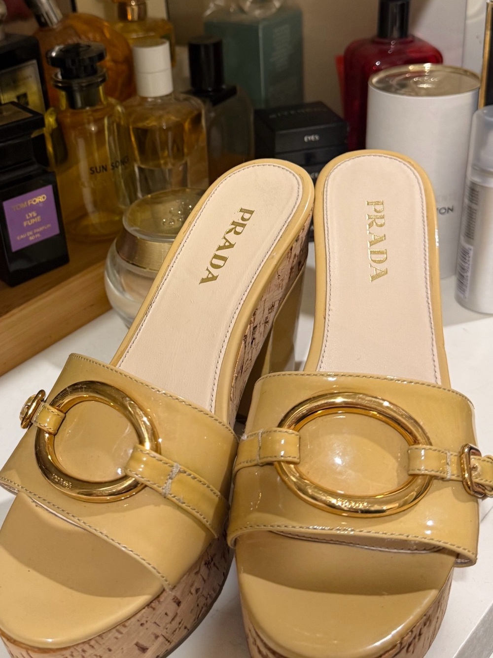 Prada Yellow Patent Leather Cork Wedge Mules with Gold Buckle